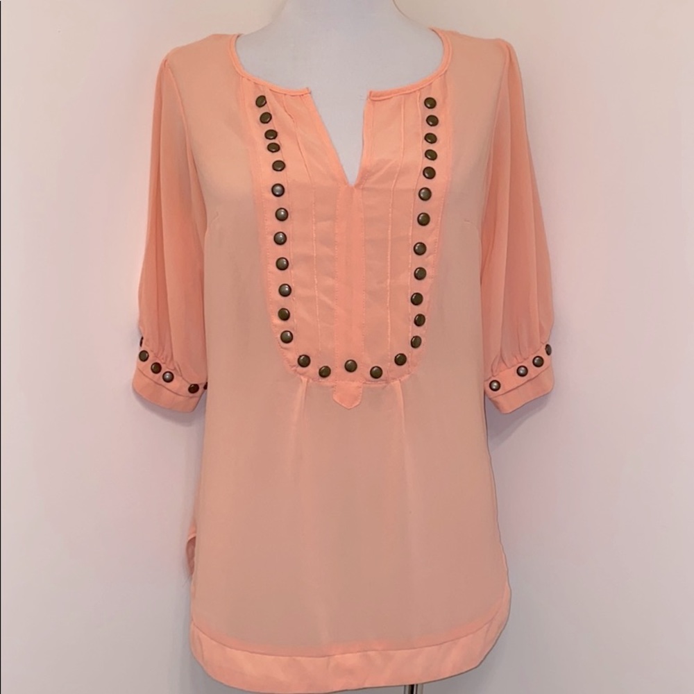 Angie Peach Blouse Sheer fabric 3/4 length sleeve